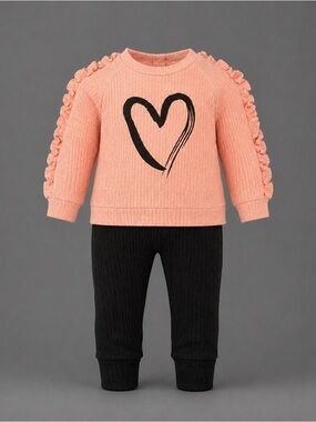 Pink Ruffle Sleeve Heart Sweater Set with black leggings size 6 girls Denim Bay